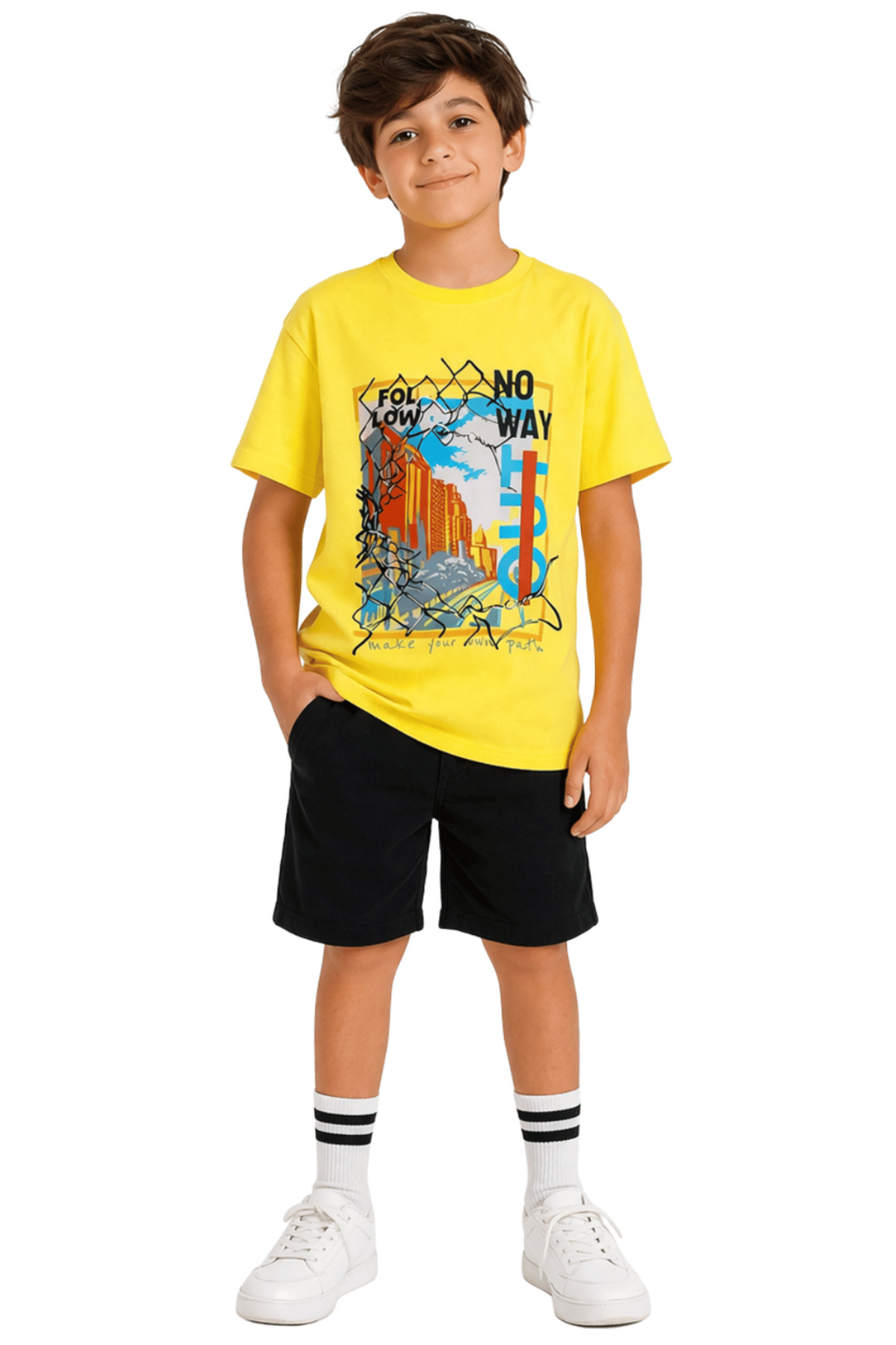 Erkek Çocuk Kabartma Baskılı Sarı Tişört Yazlık Pamuk T-Shirt Günlük Rahat Kesim