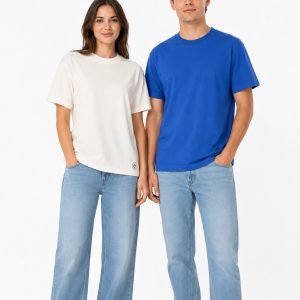 2’li Unisex Basic T-Shirt Seti%100 Pamuk Süprem Penye Ribana Yaka Rahat Kalıp Ekru - Saks Mavi