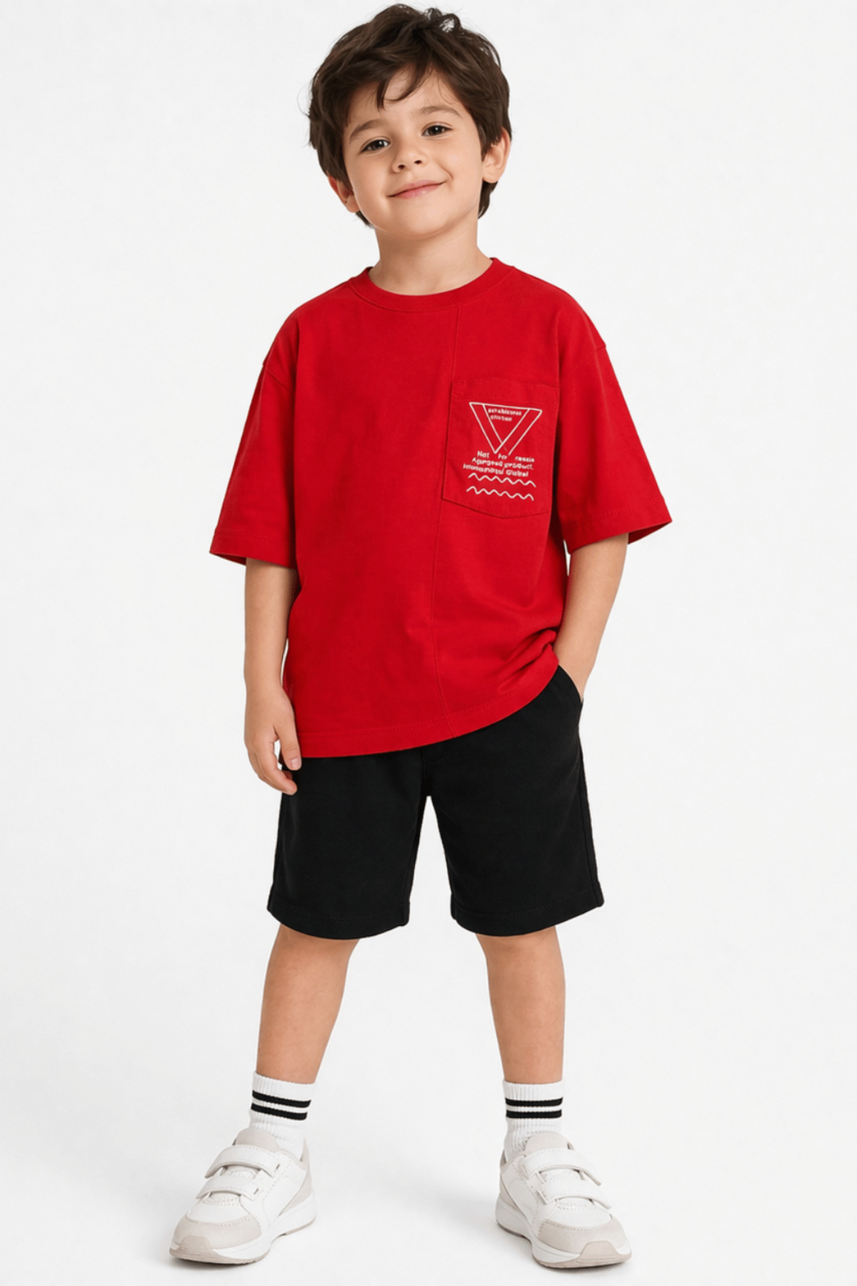 Erkek Çocuk Kırmızı Oversize Tişört Cep Detaylı Baskılı Günlük Pamuk T-Shirt - Görsel 5