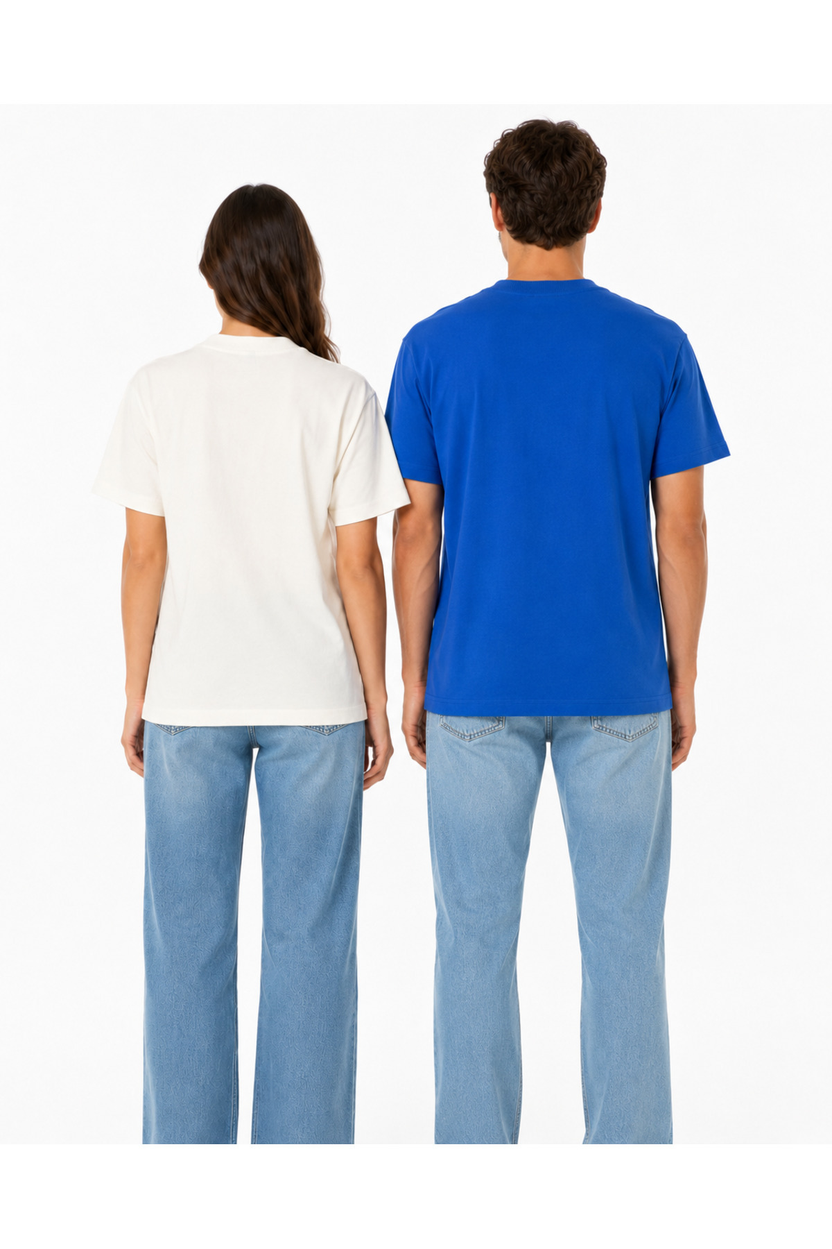 2’li Unisex Basic T-Shirt Seti%100 Pamuk Süprem Penye Ribana Yaka Rahat Kalıp Ekru - Saks Mavi - Görsel 2