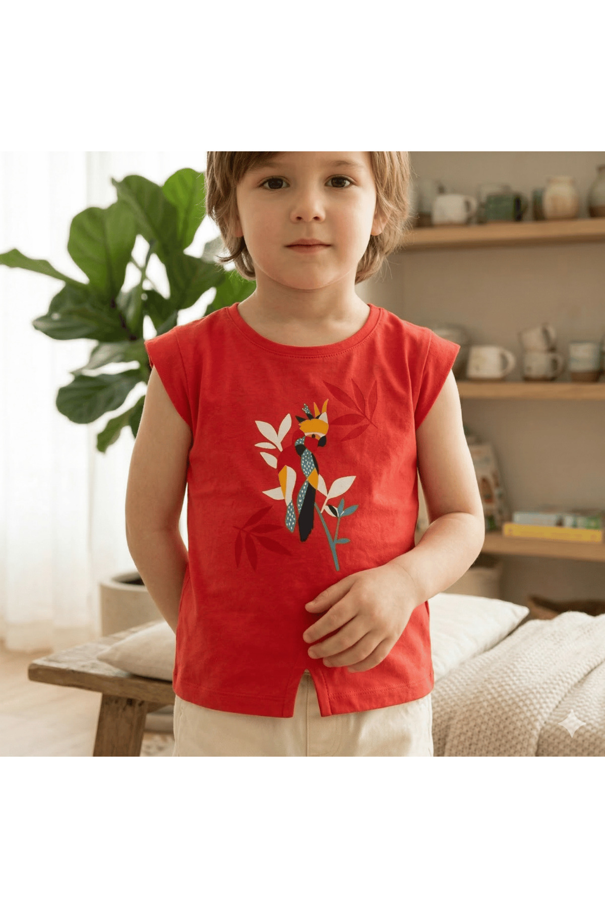 Kız Çocuk T-Shirt Dijital Papağan Baskılı Kolsuz Şık Tasarım - Görsel 5