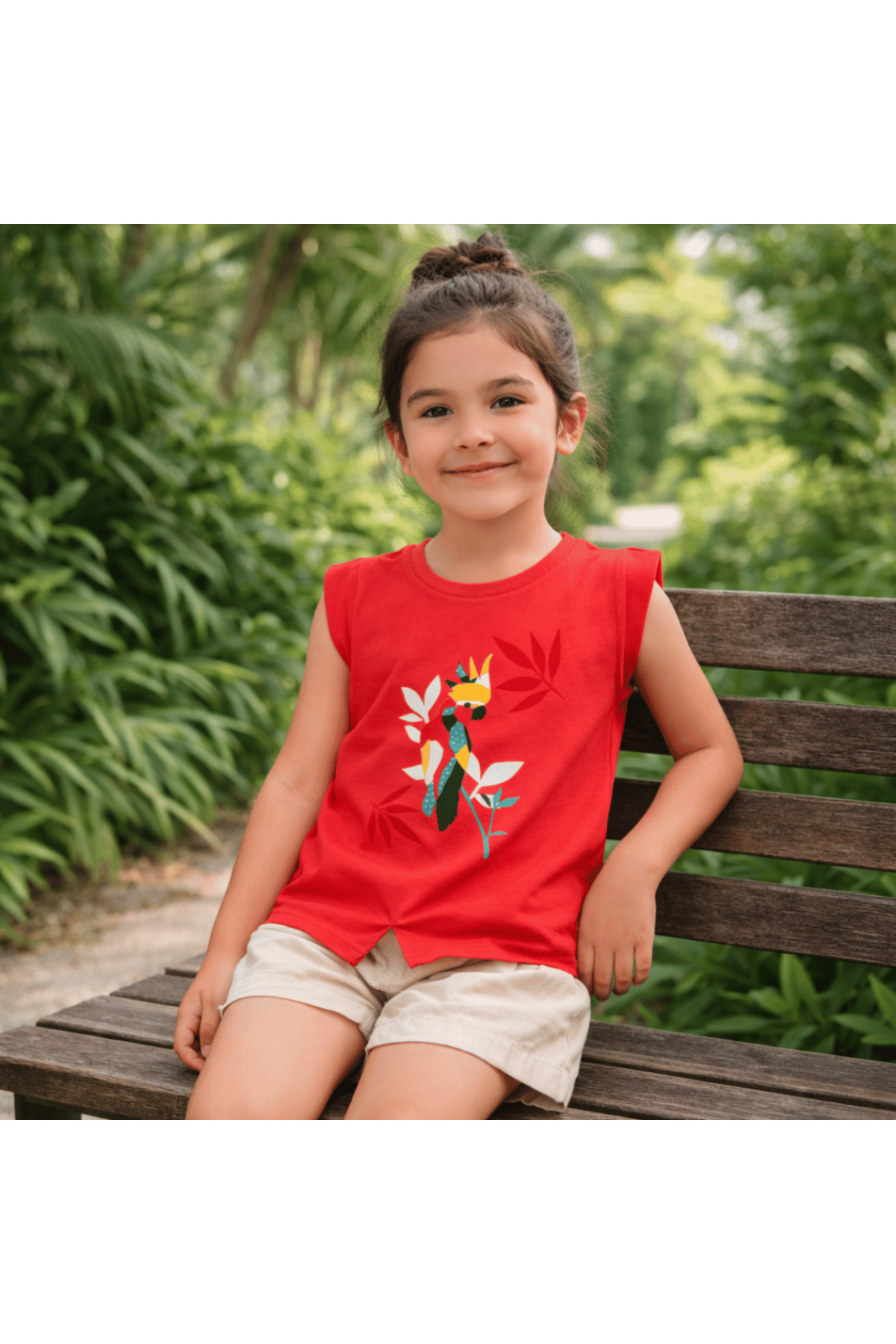 Kız Çocuk T-Shirt Dijital Papağan Baskılı Kolsuz Şık Tasarım - Görsel 6