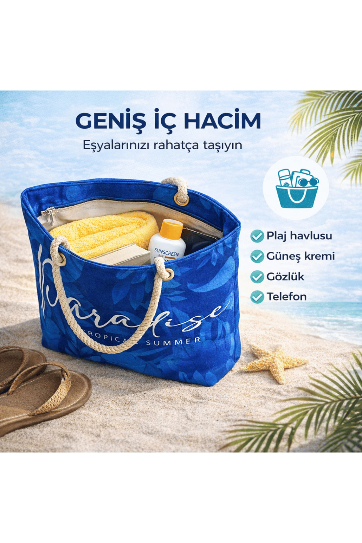 Kadın Plaj Çantası Fermuarlı İçi Astarlı Cepli Kanvas Kumaş Özel Baskılı Halat Saplı - Görsel 5