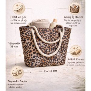Kadın Plaj Çantası Fermuarlı İpli İçi Astarlı Cepli Leopar Desenli Yumuşak Saplı