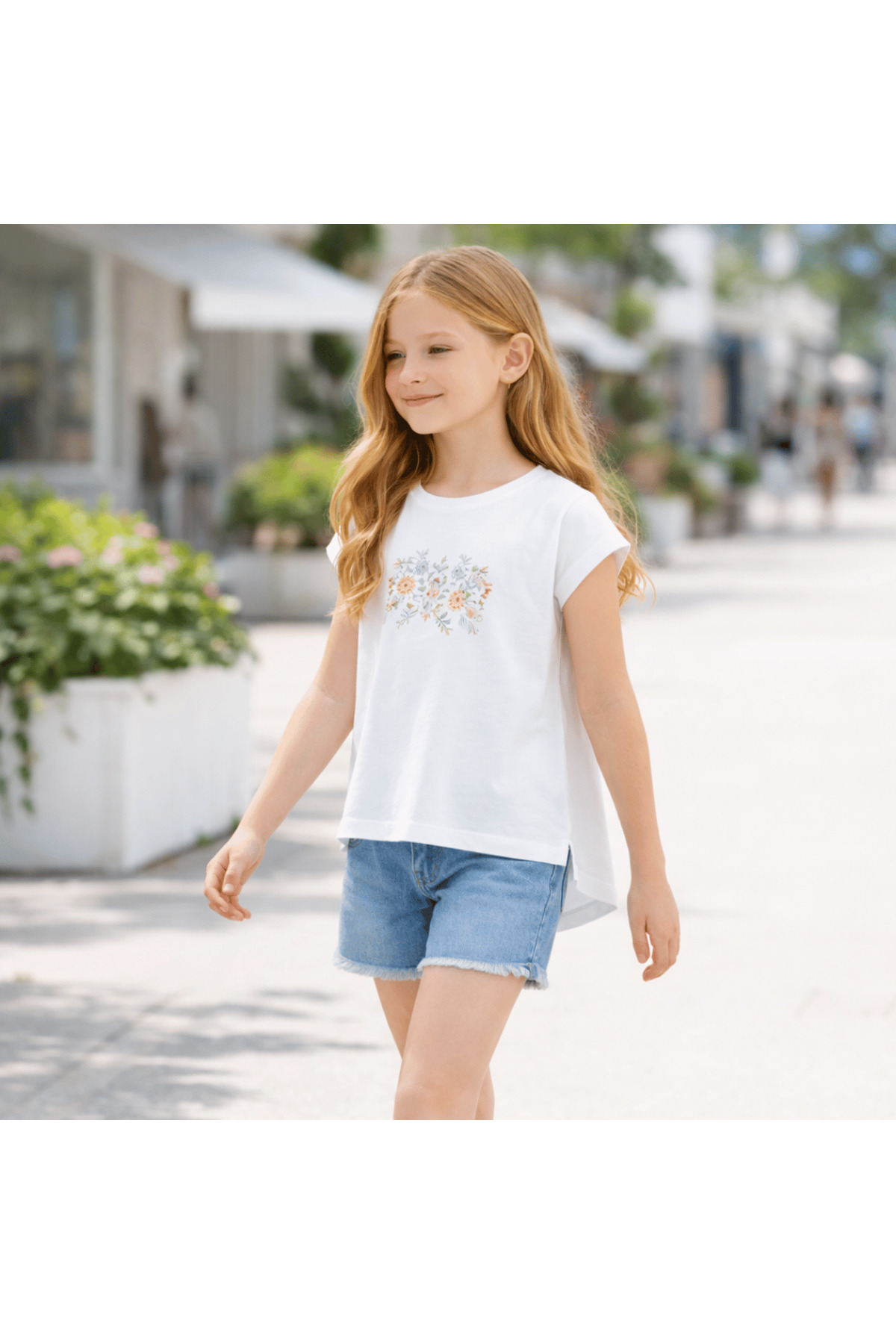 Kız Çocuk T-Shirt Fulya Baskılı Ekru Renkli %100 Pamuk Kolsuz Asimetrik Bel - Görsel 6