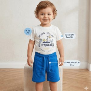 Erkek Bebek Tropical Baskılı Şortlu Yazlık Takım Alt Üst Set 9-36 Ay Pamuklu