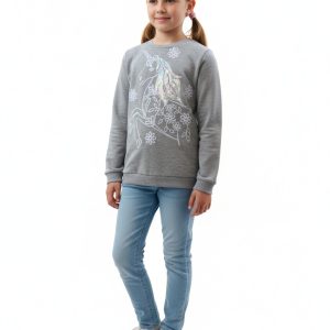 Kız Çocuk Gri Unicorn Baskılı Pullu Nakış İşlemeli Sweatshirt