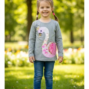 Kız Çocuk Gri Kuğu Desenli Pullu Sweatshirt – Yumuşak Mevsimlik Rahat Kalıp