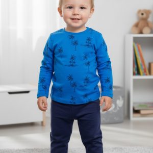 Erkek Çocuk Mavi Pamuklu Pijama Takımı Palmiye Desenli Esnek Kumaş