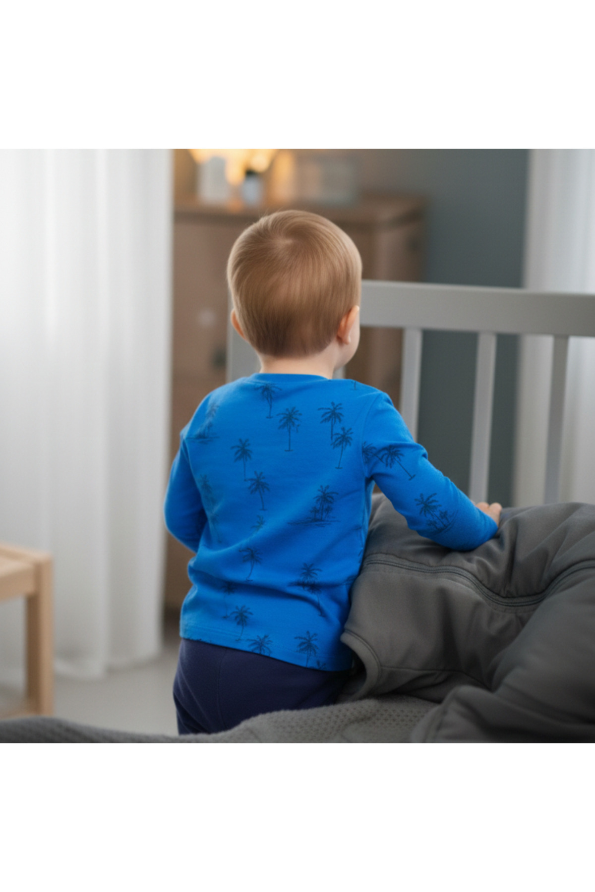 Erkek Çocuk Mavi Pamuklu Pijama Takımı Palmiye Desenli Esnek Kumaş - Görsel 5