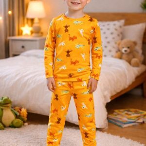 Erkek Çocuk Kedi Desenli Pijama Takımı %95 Pamuk Sarı Renk Lastikli 2 Parça