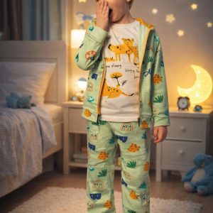 Erkek Çocuk Leopard Desenli Pijama Takımı - 3 Parça (Kapüşonlu Üst, Uzun Kollu T-Shirt, Büzgülü Alt)