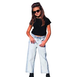 Fancy Kids Antalya Kız Çocuk Jean Pantolon Buz Mavi Denim Çift Renkli Geniş Paçalı