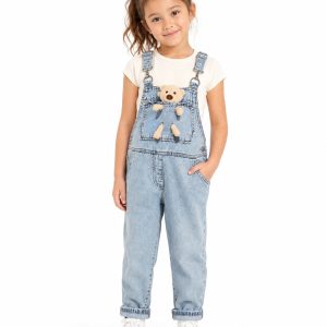 Kız Çocuk Mavi Denim Salopet %100 Pamuk Cepsiz Arka Detaylı Jean Tulum