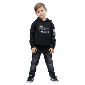 Erkek Çocuk Kapüşonlu Baskılı Siyah Sweatshirt - Cepli, Pamuklu, Rahat Kullanım