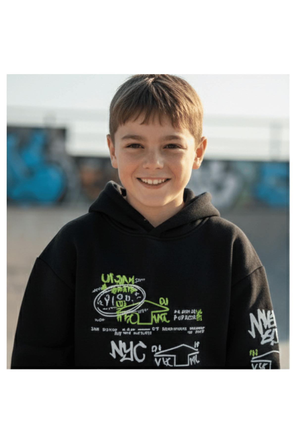 Erkek Çocuk Kapüşonlu Baskılı Siyah Sweatshirt - Cepli, Pamuklu, Rahat Kullanım - Görsel 2