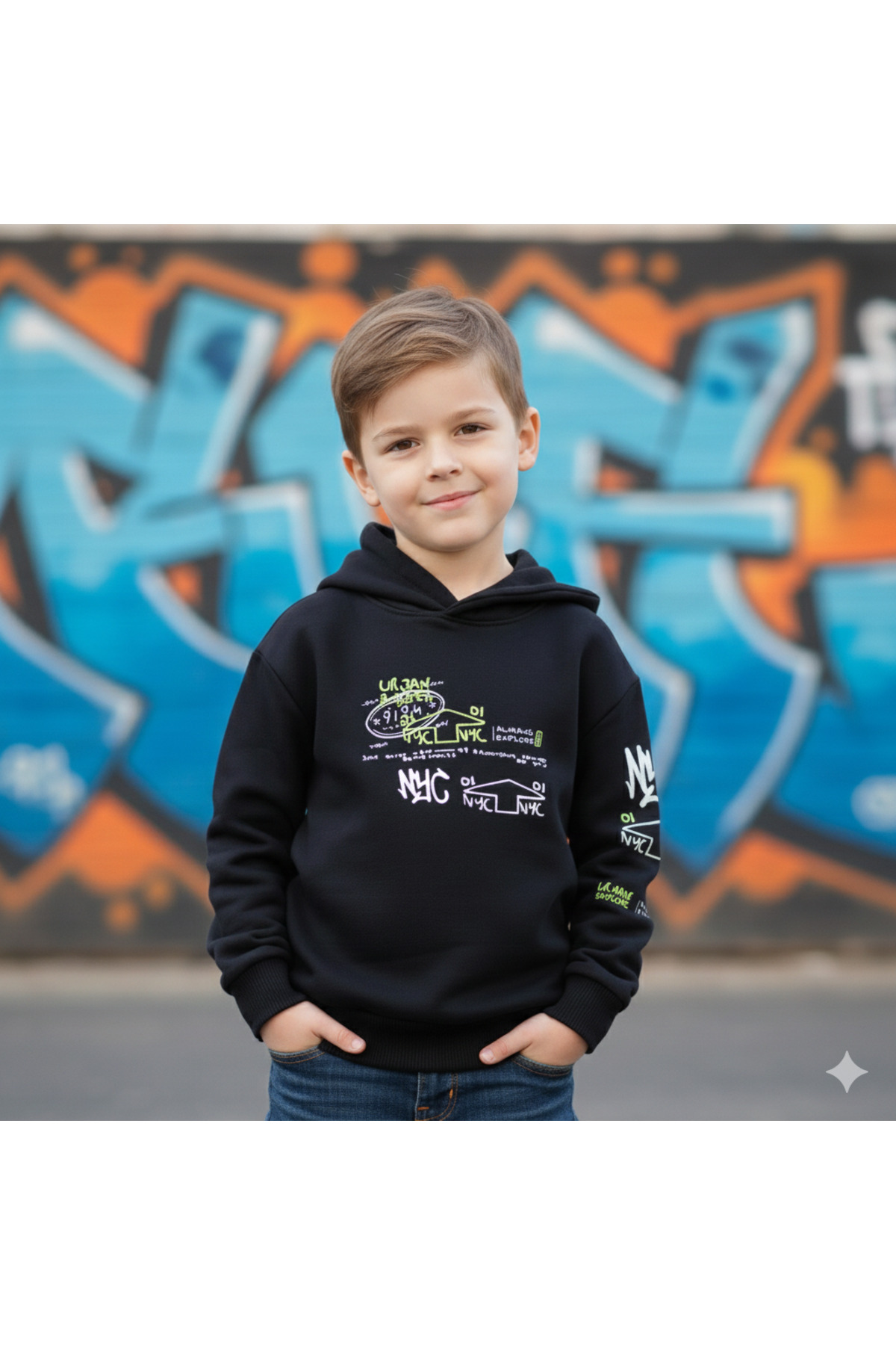Erkek Çocuk Kapüşonlu Baskılı Siyah Sweatshirt - Cepli, Pamuklu, Rahat Kullanım - Görsel 5