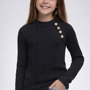 Kız Çocuk Siyah Yarım Balıkçı Yaka Kaşkorse Sweatshirt Body – Düğme Aksesuarlı, Esnek Kumaş