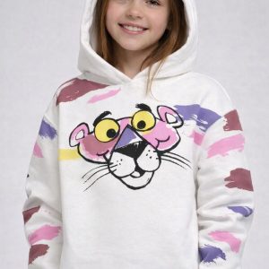 Kız Çocuk Sweat Shirt Kapüşonlu Pembe Panter Baskılı Kırık Beyaz