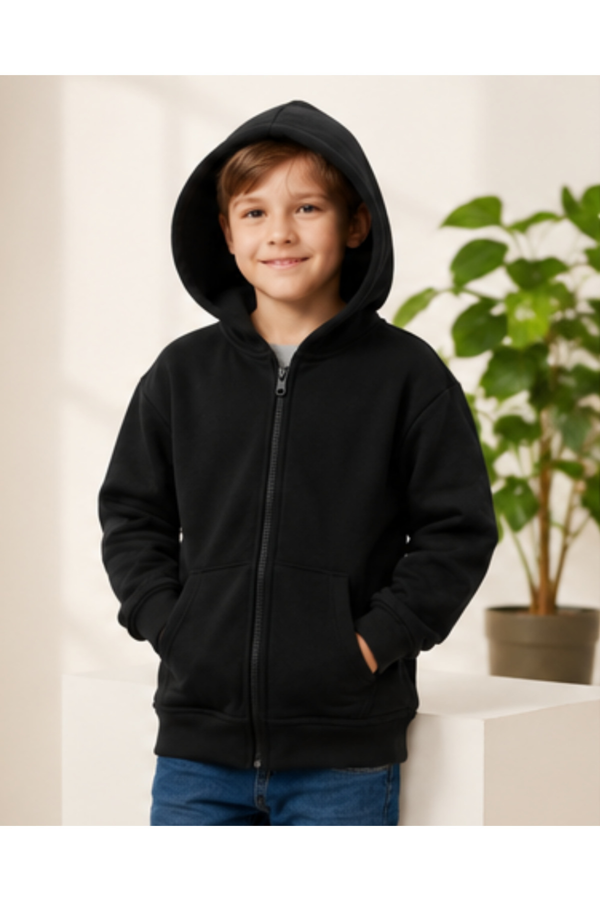 Kız ve Erkek Çocuk Unisex Siyah Kapüşonlu Fermuarlı Kanguru Cepli Basic Sweatshirt - Görsel 4