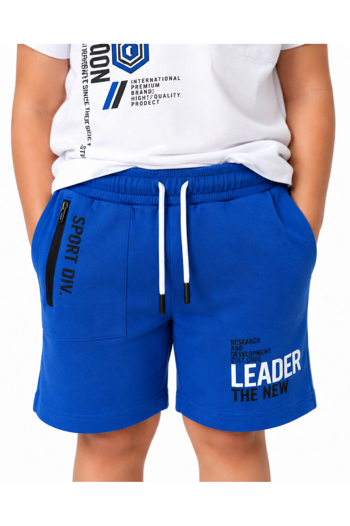 Erkek Çocuk Leader Saks Mavi Şortlu Baskılı Beyaz T-Shirt Alt-Üst kili Takım %100 Pamuk - Görsel 7