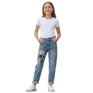 Kız Çocuk Kot Pantolon Jean %100 Pamuk Nakış Baskılı Denim Kumaş