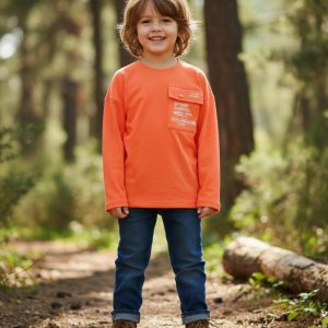Erkek Çocuk Baskılı Turuncu Sweatshirt – Pamuklu, Rahat ve Esnek Kumaş