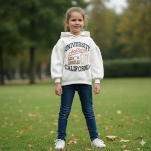 Kız Çocuk Sweat Shirt Kapüşonlu Şardonlu University Baskılı Kırık Beyaz