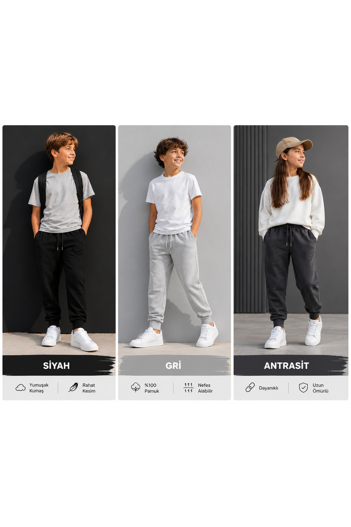 3'lü Avantaj Paketi Çocuk Unisex %100 Pamuk 2 İplik Şardonlu Eşofman Altı Seti – Cepli Jogger (Siyah + Gri + Antrasit) - Görsel 2