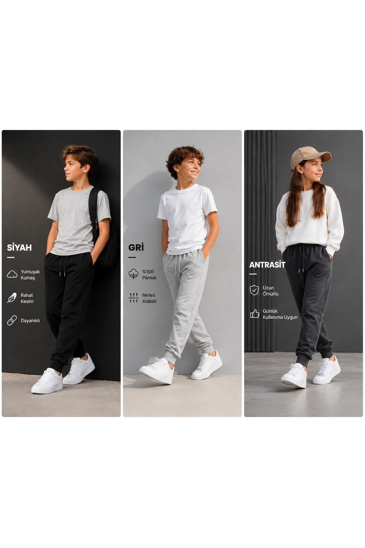 3'lü Avantaj Paketi Çocuk Unisex %100 Pamuk 2 İplik Şardonlu Eşofman Altı Seti – Cepli Jogger (Siyah + Gri + Antrasit) - Görsel 3