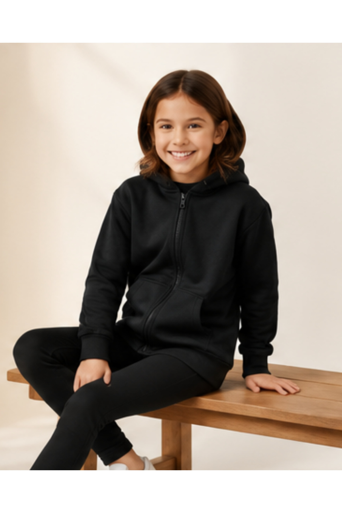 Kız ve Erkek Çocuk Unisex Siyah Kapüşonlu Fermuarlı Kanguru Cepli Basic Sweatshirt - Görsel 5