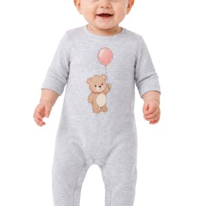 Kız ve Erkek Bebek Ayıcık Balon Baskılı Ayaklı Tulum – %100 Pamuk Alttan Çıtçıtlı Gri Bebek Uyku Tulumu