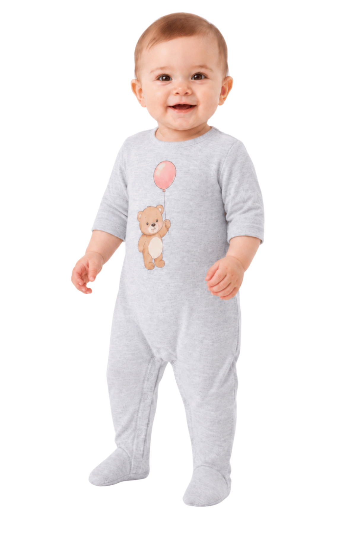 Kız ve Erkek Bebek Ayıcık Balon Baskılı Ayaklı Tulum – %100 Pamuk Alttan Çıtçıtlı Gri Bebek Uyku Tulumu - Görsel 2