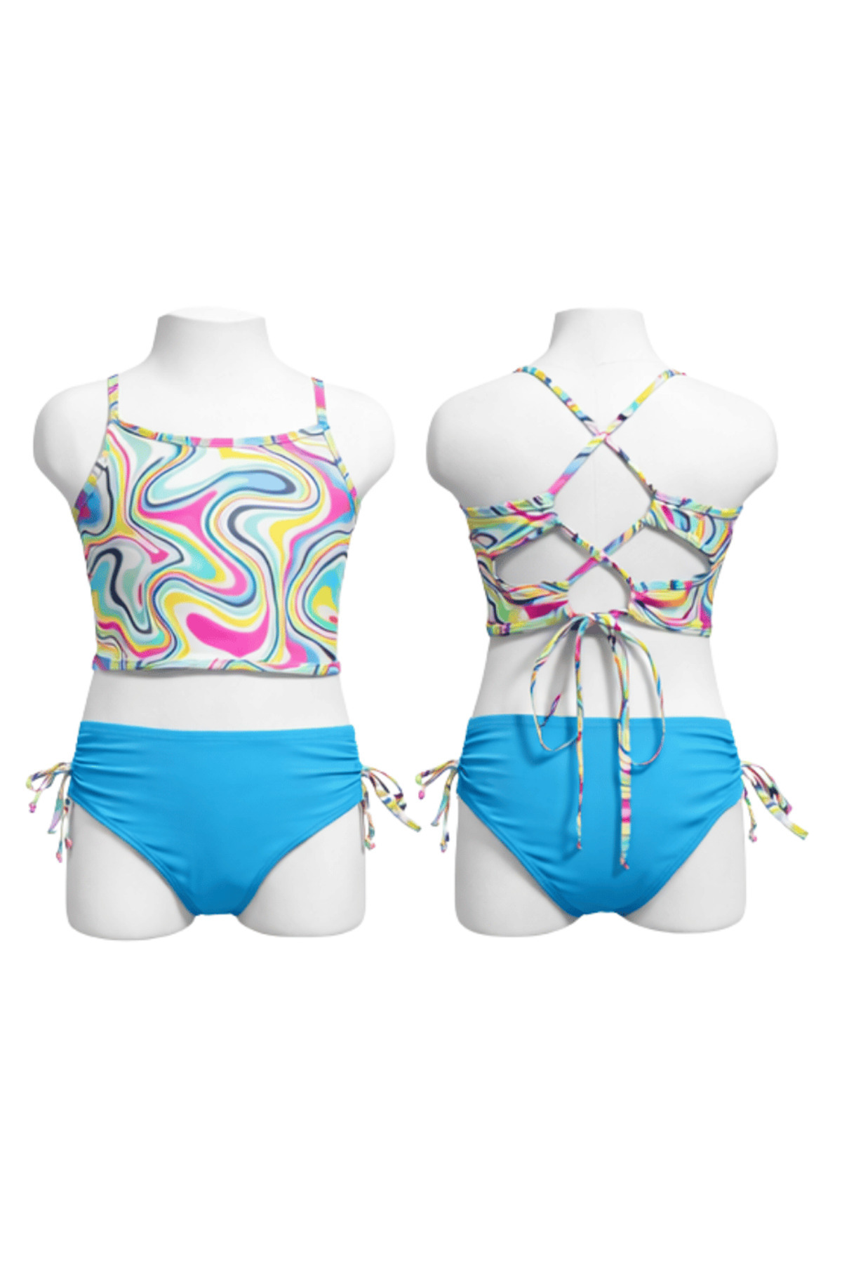 Kız Çocuk Renkli Desenli Askılı Bikini Takımı Yan Bağcıklı Turkuaz Altlı