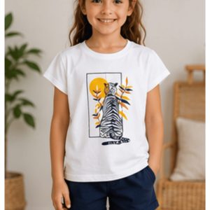 Kız Çocuk Kaplan Baskılı Beyaz Tişört %95 Pamuk Esnek Rahat Yazlık T-Shirt