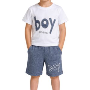 Erkek Çocuk Alt-Üst Takım – Baskılı Beyaz T-Shirt ve Gri Şort %100 Pamuk