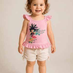 Kız Çocuk Alt-Üst Takım – Flamingo Baskılı Pembe Askılı T-Shirt ve Cepli Dantelli Şort