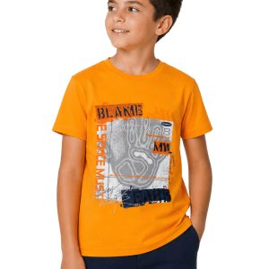 Erkek Çocuk Kabartma Baskılı Turuncu %100 Pamuk T-Shirt