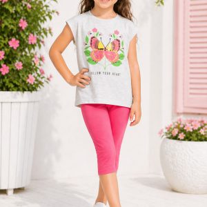 Kız Çocuk Alt-Üst Takım Kahvemelanj T-Shirt Pembe Tayt
