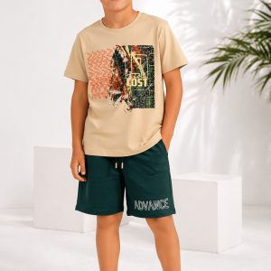 Erkek Çocuk Alt-Üst Takım Baskılı Bej T-Shirt Haki Şort