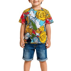 Erkek Çocuk Renkli Baskılı Tişört Bitcoin Desenli %100 Pamuk Yazlık T-Shirt