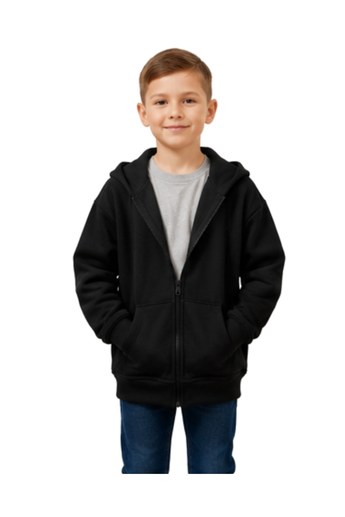 Kız ve Erkek Çocuk Unisex Siyah Kapüşonlu Fermuarlı Kanguru Cepli Basic Sweatshirt